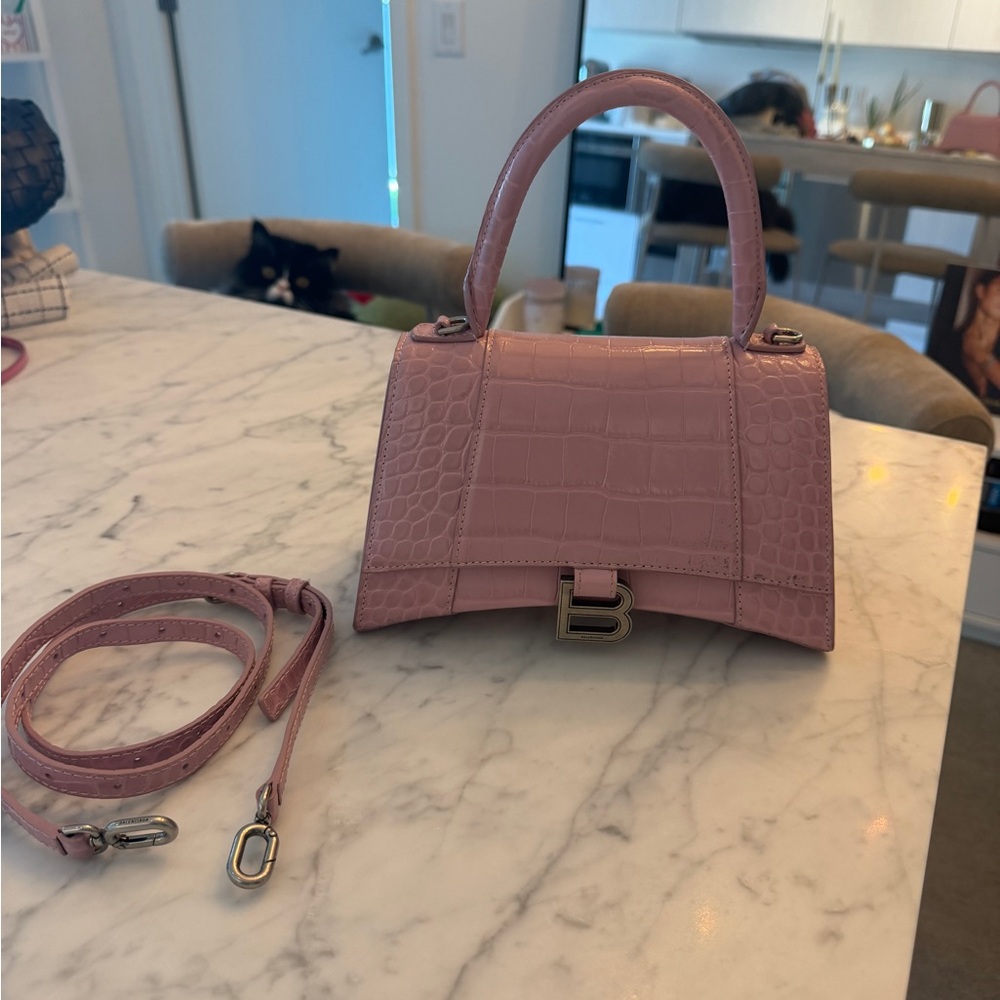 Balenciaga small Hourglass Top Handle Bag in Crocodile-Embossed Pink